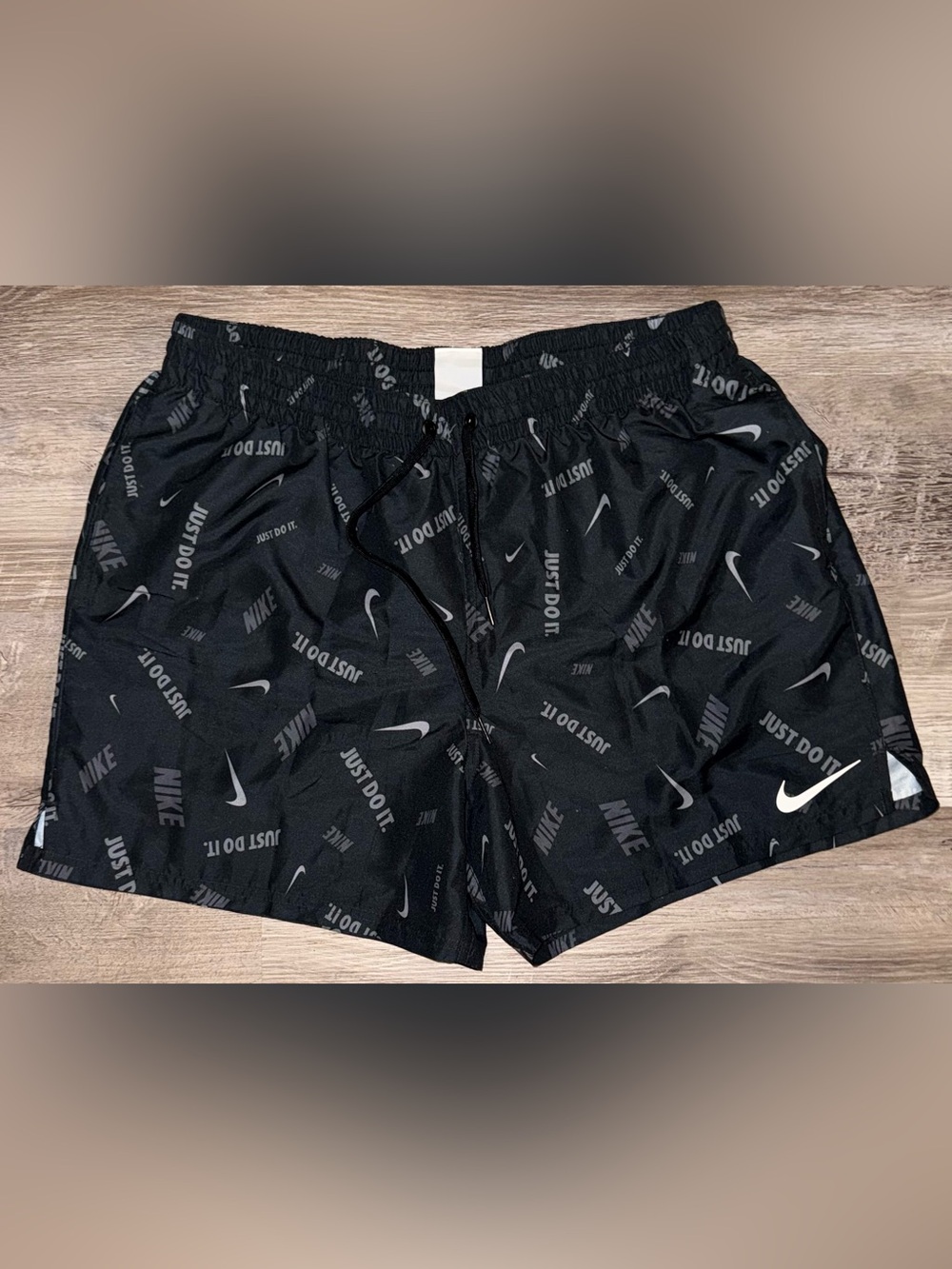 Like New Men's Nike Black All-Over Swoosh & "Just Do It" Swim Trunks Size Large